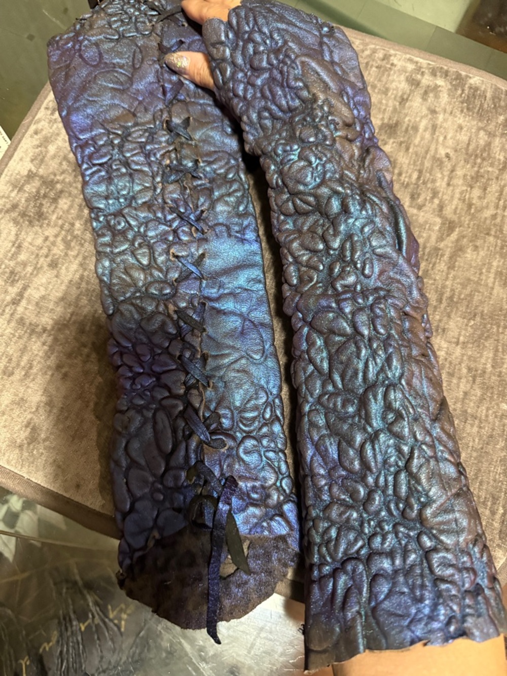 Iridescent Blue ,Purple Sculpted Long Fingerless Gloves.One of the kind.